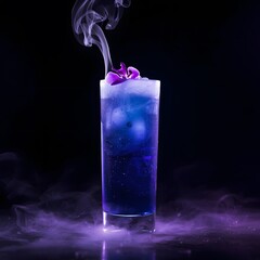 Purple cocktail with smoke and orchid isolated on black background