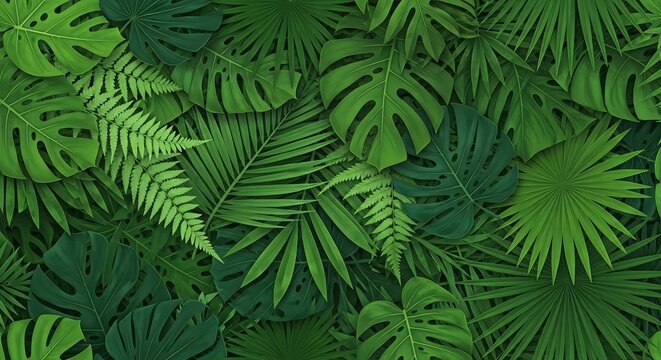 Dense green jungle foliage monstera ferns palm leaves create a vibrant layered botanical texture - Powered by Adobe