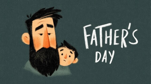A father with a beard and his young son are depicted in a close embrace, with the words "Father's Day" written in chalk-like lettering.