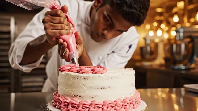 Talented pastry chef decorating a delicious cake with pink frosting in a professional kitchen environment creating a beautiful dessert for a special occasion celebration