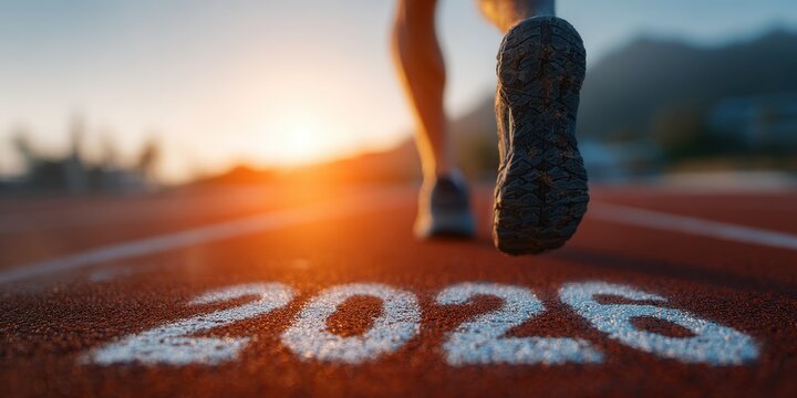 Runner Training On Athletic Track With 2026 Number In Sunrise Lighting Dynamic Action Shot