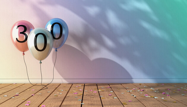 Three colorful balloons with number 300, casting soft shadows on pastel wall, stand on wooden floor scattered with confetti, creating festive and cheerful atmosphere