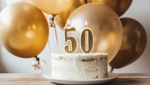 Golden number candles, white frosted birthday cake, and gold balloons create festive, joyful atmosphere for 50th birthday celebration on wooden table - Powered by Adobe