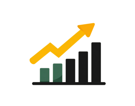 Upward trending bar chart with arrow isolated on a transparent background