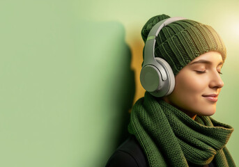 Side profile of a serene woman listening to music on light grey wireless headphones. She is wearing a green knitted scarf and winter hat against a green wall with warm light.