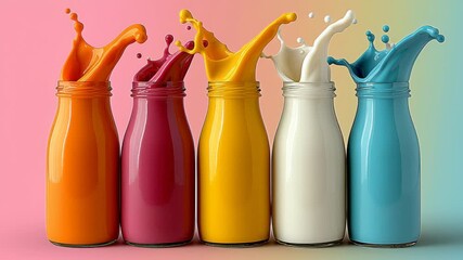 Colorful milk bottles with splashes of paint in vibrant hues, showcasing dynamic action and fluid motion, captured in a series of frames with a smooth pan movement across the scene
