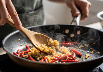 Mastering the art of stir-frying with aromatic garlic and spicy chili peppers, a key step for any quick recipe and amazing food hacks