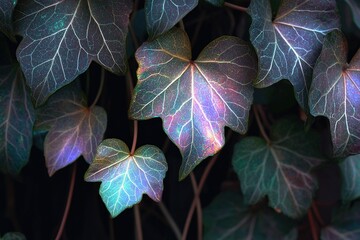 Close-up of ivy leaves glowing with holographic pastel shimmer and iridescent surface details