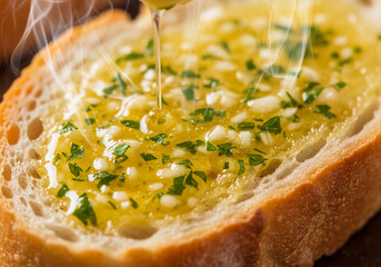 Discover the ultimate garlic bread Quick Recipe with our simple Food Hacks. A close-up of a toasted slice drizzled with herbed olive oil