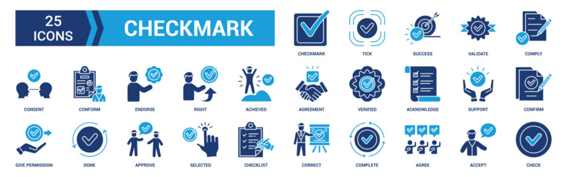 Checkmark icon set. Containing check, accept, agree, selected, confirm, approve, correct, complete, checklist, and verified icons. Solid icon collection.