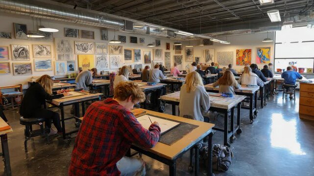 Art classroom filled with teenage students creating and collaborating during a lively art lesson - Powered by Adobe