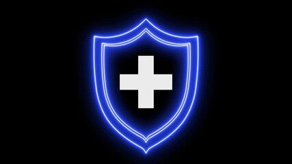 Neon line shield with a medical cross or plus icon. Represents health protection, medical safety, cyber security, insurance, and digital healthcare concepts. plus symbol sign icon. medical icon - Powered by Adobe