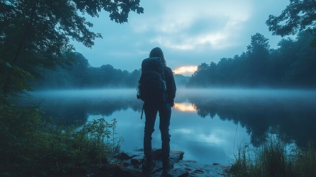 Silhouetted hiker by misty lake at dawn