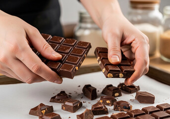 Discover essential food hacks for your next quick recipe with this image of hands breaking a delicious nutty chocolate bar for baking