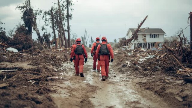 Disaster response team members walk through debris to provide essential aid and support to affected communities after a devastating storm in the aftermath of a natural disaster