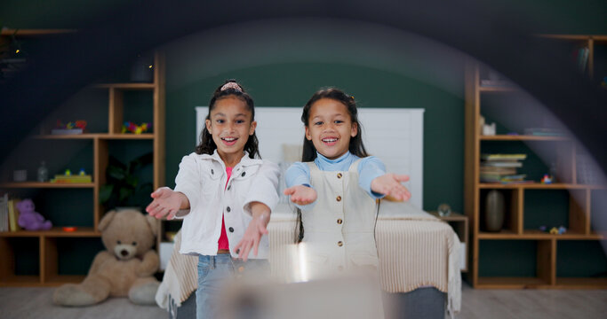 Fototapeta Girl, friends and live streaming with ring light for vlog, online recording or dance trend in home. Children, kids or junior content creators with smile, video or POV for social media or tutorial