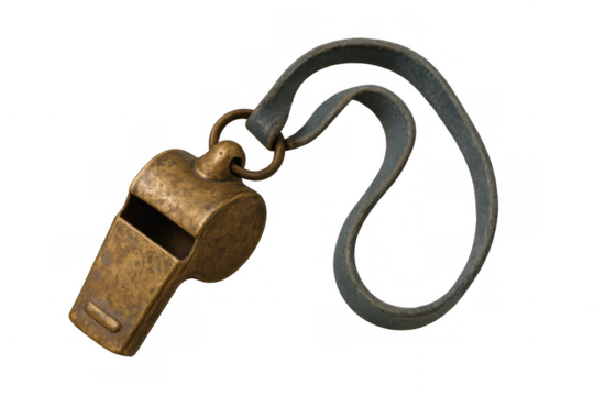 Classic brass whistle with a leather lanyard controlling sports events and directing attention, transparent background