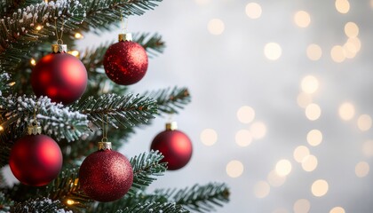 Obraz premium Festive Holiday Display: Christmas Tree Adorned with Red Ornaments and Glowing Bokeh