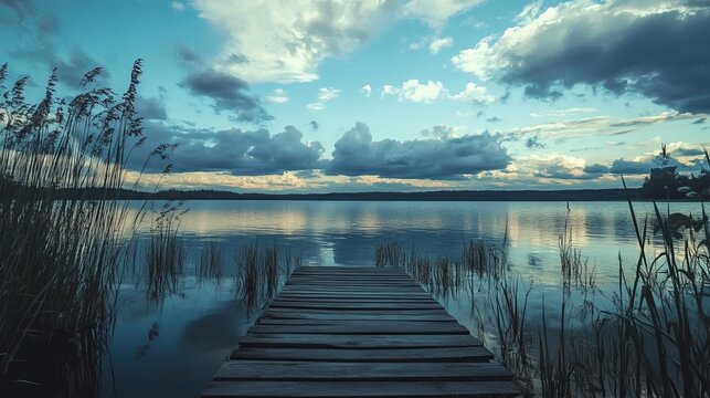 Tranquil wooden dock on a serene lake at dusk