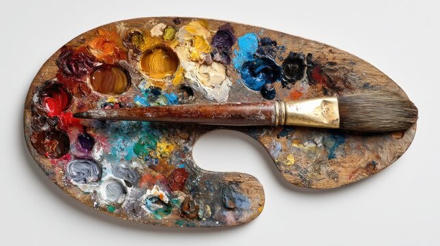 A wooden artist's palette, stained with a spectrum of mixed paint colors and a used paintbrush rests atop, all on a white background