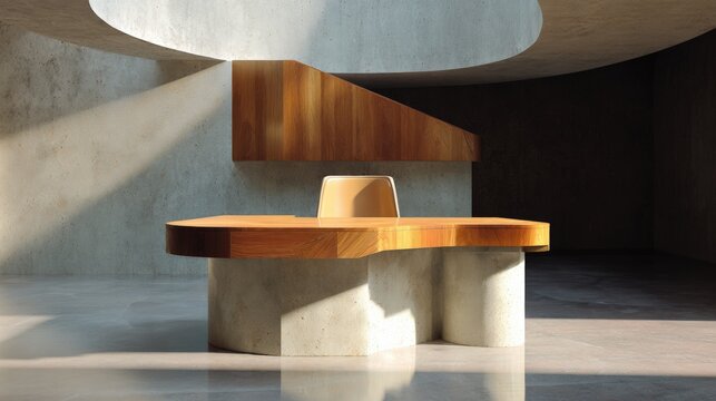 Modern and minimalist interior design of a room with a curved ceiling. the walls are made of concrete and the floor is made of light-colored tiles. - Powered by Adobe