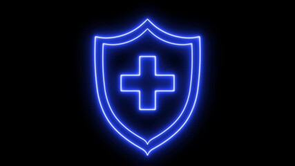 Glowing 4k shield with a medical cross or plus icon. Represents health protection, medical safety, cyber security, insurance, and digital healthcare concepts. 