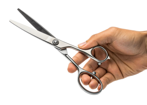 Hand holding silver scissors isolated on white background