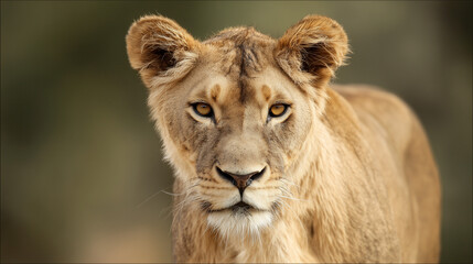 ferocity. Lioness with a focused gaze and detailed fur, bathed in golden savanna light with a natural habitat backdrop. wildlife magazines.