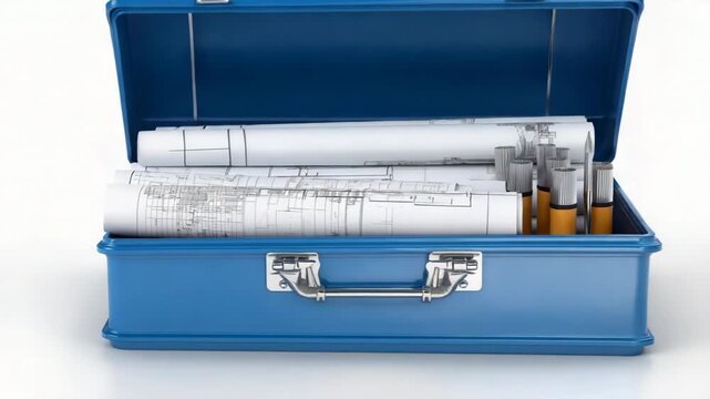 Open toolbox with blueprints and paintbrushes for artistic and construction projects