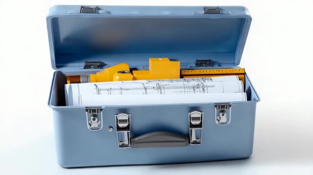 Light blue toolbox with blueprints, safety goggles, and tape measure
