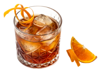 Cocktail with ice and orange peel garnish served on white surface