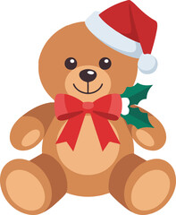Christmas teddy bear vector illustration wearing a red Santa hat and festive bow tie with holly sprig on a transparent background