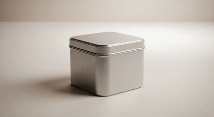 A close up shot of a small silver square tin container with a lid on a white surface in soft lighting