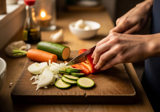 Learn essential kitchen food hacks for your next quick recipe. A person carefully chopping colorful fresh vegetables for a healthy meal