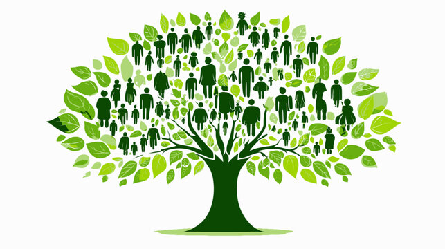 Green Tree with Human Silhouettes Illustrating Community, Population, Society, Interconnectedness, and Sustainable Life