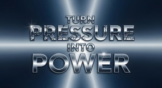 Inspirational quote displayed with a metallic and futuristic design emphasizing the transformation of pressure into power