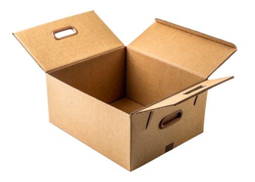 Open cardboard storage box with handles on white