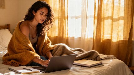 Young woman freelancer working on a laptop in a cozy, sunlit bedroom with warm tones and soft textiles