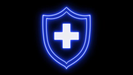 Neon line shield with a medical cross, plus icon. Represents health protection, medical safety, cyber security, insurance, and digital healthcare concepts. financial security and online insurance  - Powered by Adobe