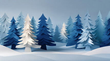 Obraz premium White and blue paper cut fir trees standing in row in winter forest