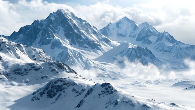 a snowy mountain range with a lake surrounded by snow covered mountains in the foreground and a cloudy sky in the background, with a few clouds,snow, mountain, winter, landscape, nature, alps, mountai