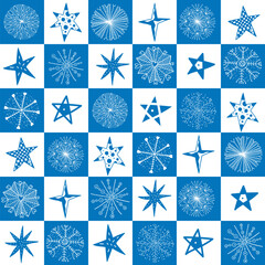 Stars and snowflakes. Christmas holiday seamless pattern in modern geometric style. Design template can be used for wallpaper, pattern fills, web page background, surface textures.