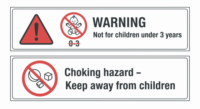 Product safety warning signs vector set: choking hazard and not for children under 3 years illustration