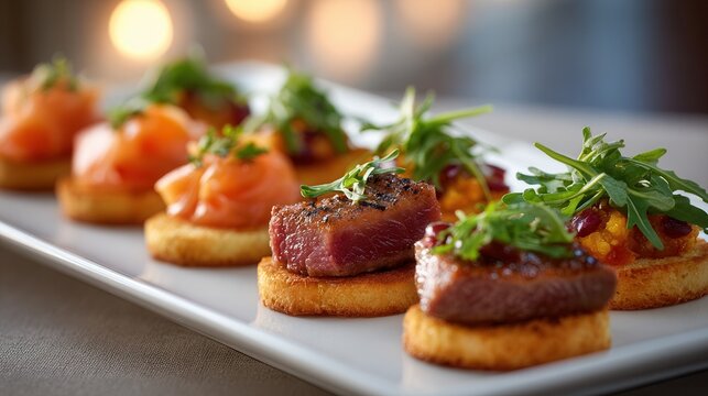 A beautifully arranged platter of gourmet appetizers featuring smoked salmon and seared meat on crisp bases, garnished with fresh arugula, ideal for elegant dining. - Powered by Adobe