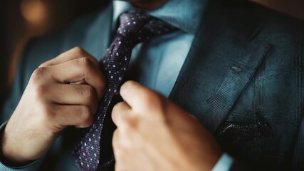 Businessman in formal attire adjusts jacket and tie at a corporate event in the evening, showcasing a professional and polished look for a networking opportunity