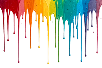 Multicolored liquid paint drips across white textured surface