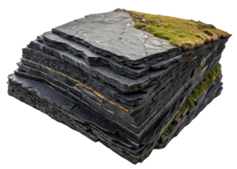 Layered slate rock formation with grassy top