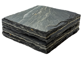 Stacked layers of dark gray slate rock with visible white mineral striations