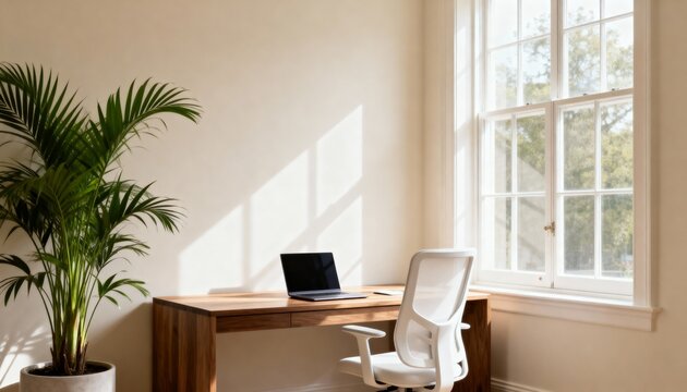 Minimalist home office with a wooden desk, laptop, and ergonomic chair. Bright interior for remote work with natural light from a window. Modern workspace concept with copy space - Powered by Adobe