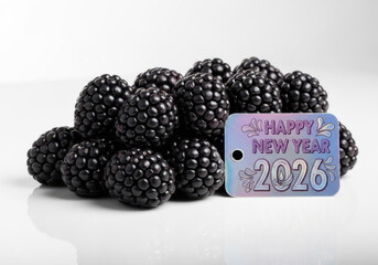 Blackberries with Happy New Year 2026 Tag on White. Fresh Berries and Celebration Concept